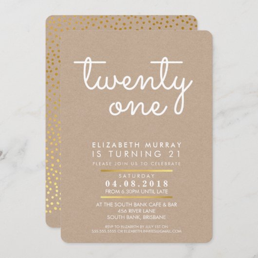 21歳クールの誕生日パーティー招待状ラスティッククラフトホワイト 招待状 (正面/裏面)