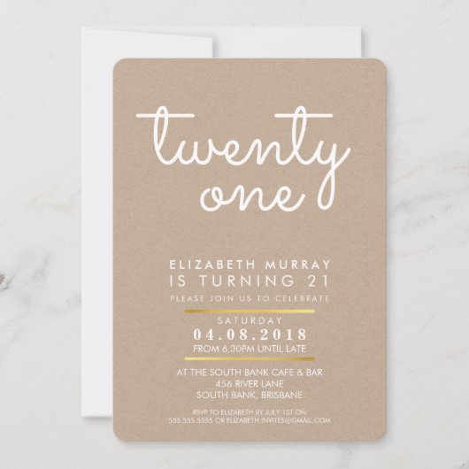 21歳クールの誕生日パーティー招待状ラスティッククラフトホワイト 招待状 (正面)
