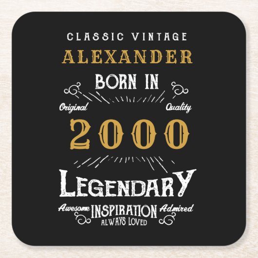 21歳パーソナライズされた生誕生まれ2000ヴィンテージ黒 スクエアペーパーコースター (正面)