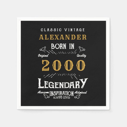 21歳パーソナライズされた生誕生まれ2000ヴィンテージ黒 スタンダードカクテルナプキン (正面)