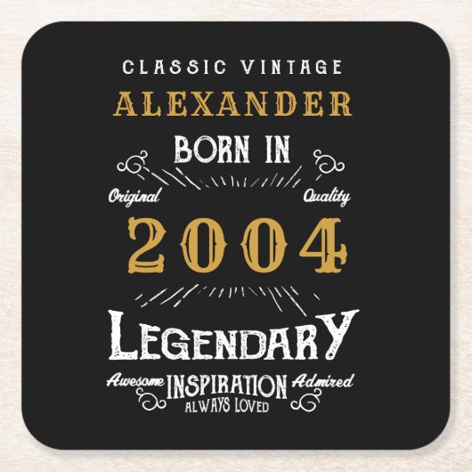 21歳パーソナライズされた生誕生まれ2004ヴィンテージ黒 スクエアペーパーコースター (正面)