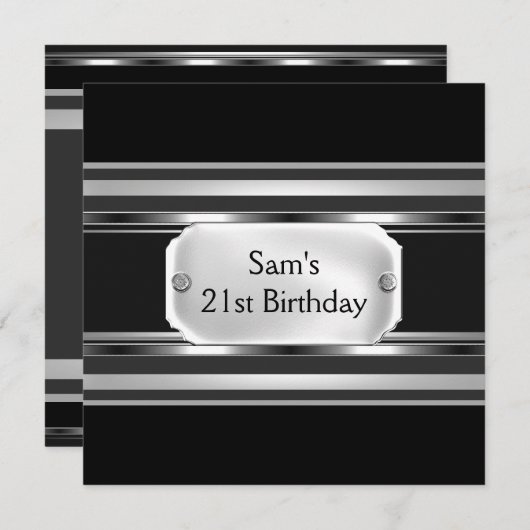 21歳パーティーブラックメタルシルバーマンメンズ 招待状 (正面/裏面)