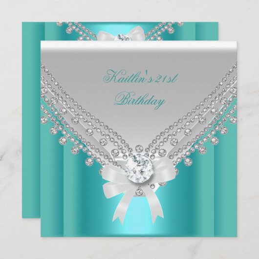 21歳パーティーホワイトティール（緑がかった色）ブルーダイヤモンド 招待状 (正面/裏面)