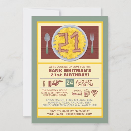 21歳パーティーメンズベーコンおもしろいエッグテーマ 招待状 (正面)