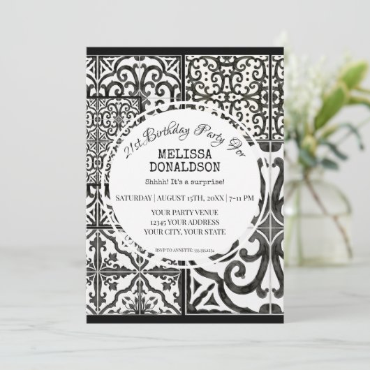 21歳パーティー素朴ファームタイル白黒 招待状 (スタンド正面)