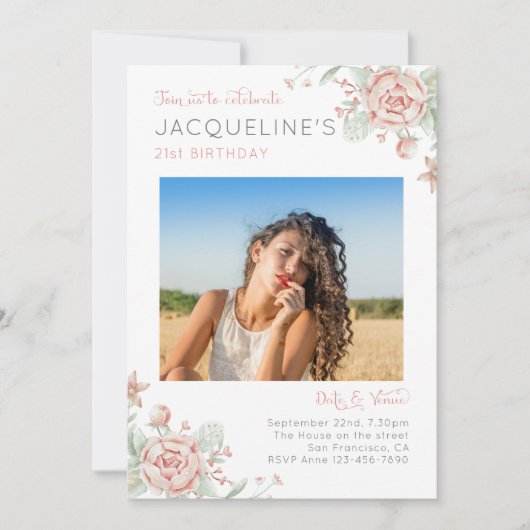 21歳フェミニンの誕生日の写真 招待状 (正面)