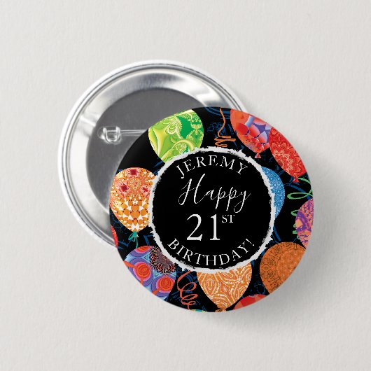 21歳モダンの誕生日バルーン名前と年齢の追加 缶バッジ (正面&裏面)