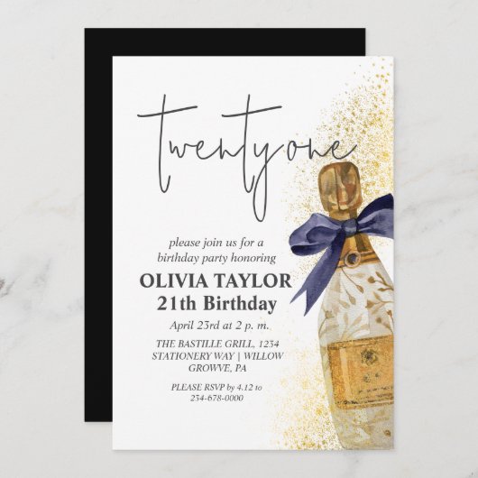 21歳モダンの誕生日パーティーシャンパン 招待状 (正面/裏面)