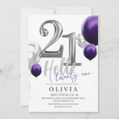 21歳モダンの誕生日パーティーシルバーパープルバルーン 招待状 (正面)