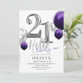 21歳モダンの誕生日パーティーシルバーパープルバルーン 招待状 (スタンド正面)
