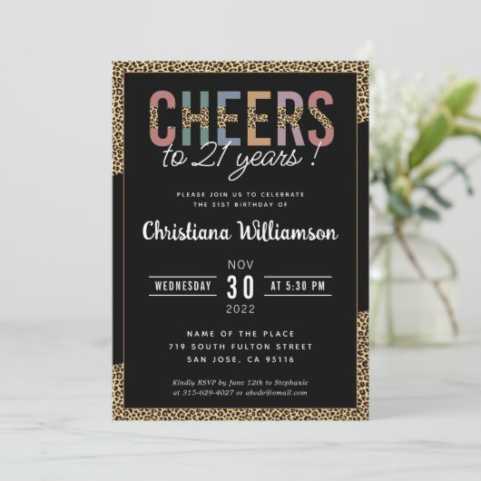 21歳モダンの誕生日パーティーヒョウ印刷エレガント 招待状 (スタンド正面)