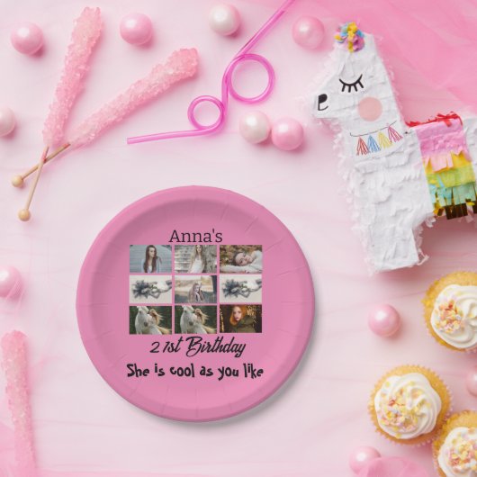 21歳モダンの誕生日9パーソナライズされたフォトコラージュ ペーパープレート (パーティー)