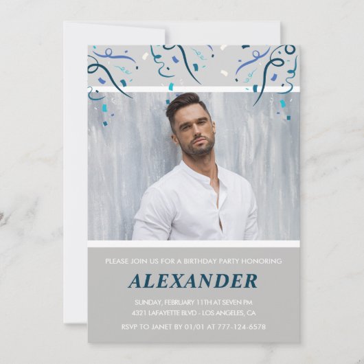 21歳招待状メンズ紙吹雪フォトブルー 招待状 (正面)