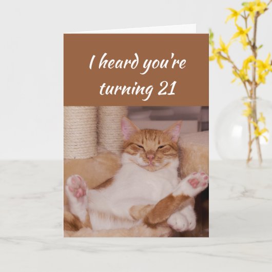 21歳祝のおもしろい猫 カード (黄色い花)