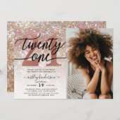 21歳誕生日シャンパングリッター写真 招待状 (正面/裏面)