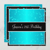 21歳誕生日パーティーターコイズスターズ白黒 招待状 (正面/裏面)