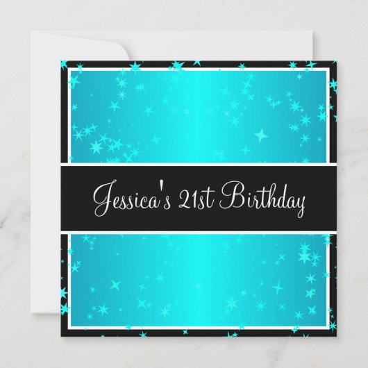21歳誕生日パーティーターコイズスターズ白黒 招待状 (正面)