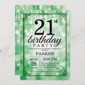 21歳誕生日招待状グリーングリッター 招待状 (正面/裏面)