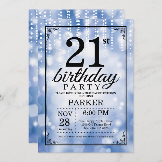 21歳誕生日招待状ブルーグリッター 招待状 (正面/裏面)
