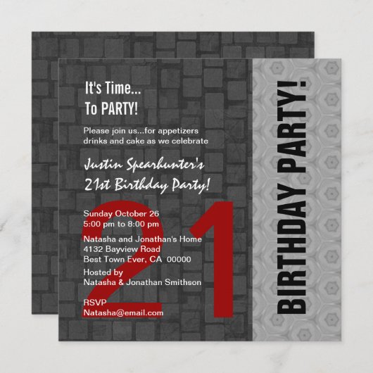 21歳誕生日赤モダン銀色黒D416 招待状 (正面/裏面)