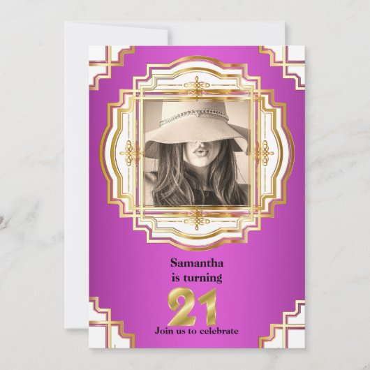 21番目のエレガント金ゴールド白ピンクのフォトフレームパーティー 招待状 (正面)