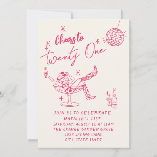 21番目のピンクハンドドロッド女性のカーボーイ沿岸おもしろい誕生日 招待状 (正面)