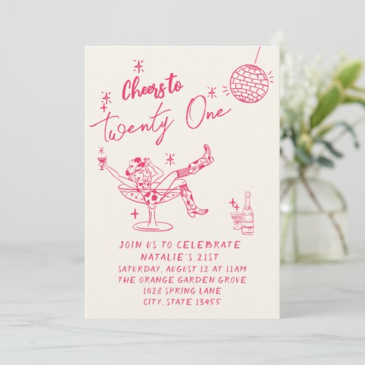 21番目のピンクハンドドロッド女性のカーボーイ沿岸おもしろい誕生日 招待状 (スタンド正面)