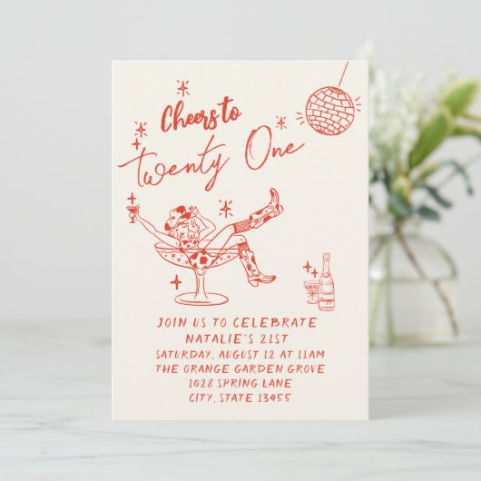 21番目のレッドハンドドロー女性のカーボーイ沿岸おもしろい誕生日 招待状 (スタンド正面)