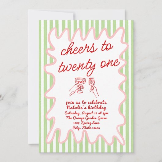 21番目の手書きカラフルのストライプ誕生日 招待状 (正面)