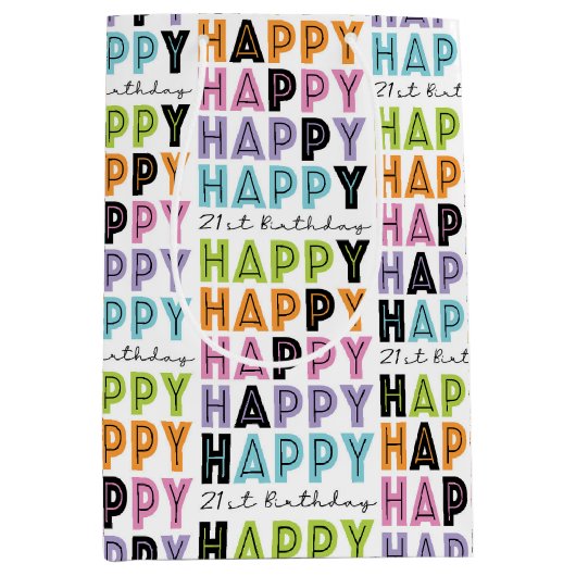 21番目の誕生日ブロックカラフルとスクリプトタイプ ミディアムペーパーバッグ (正面)
