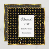 21番目の金ゴールド水玉模様金ゴールドスターズブラック誕生日 招待状 (正面/裏面)