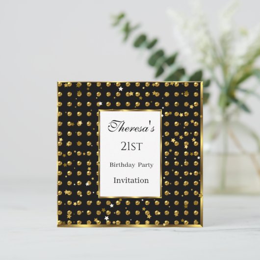 21番目の金ゴールド水玉模様金ゴールドスターズブラック誕生日 招待状 (スタンド正面)