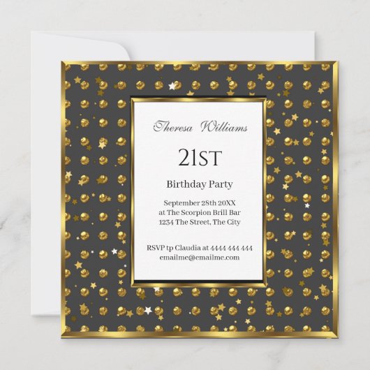 21番目の金ゴールド水玉模様金ゴールドスターズブラック誕生日 招待状 (裏面)