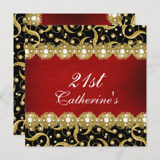 21番目の黒エレガントい赤金ゴールド 招待状 (正面/裏面)