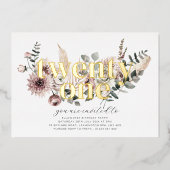 21花模様- 21歳の誕生日 – 金ゴールド 箔招待状 (正面)