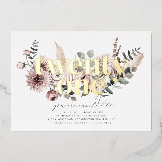 21花模様- 21歳の誕生日 – 金ゴールド 箔招待状 (正面)