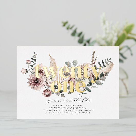 21花模様- 21歳の誕生日 – 金ゴールド 箔招待状 (立ち正面)