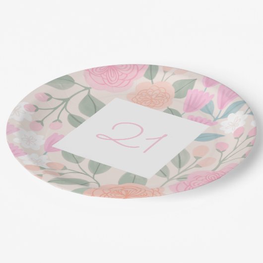 21誕生日かわいらしフローラピンクピーチイラストレーション  ペーパープレート (アングル)