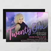 21誕生日カスタムフォトピンクパープルブラック 招待状 (正面/裏面)