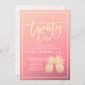 21誕生日パーティシックピンク金ゴールドパイナップルカップル 招待状 (正面/裏面)