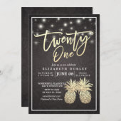 21誕生日パーティシックブラック金ゴールドパイナップルカップル 招待状 (正面/裏面)