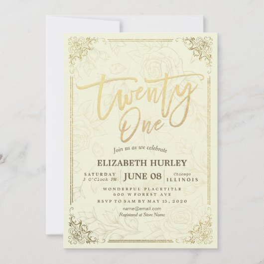 21誕生日パーティスクエレガントリプト金ゴールドフローラフレーム 招待状 (正面)