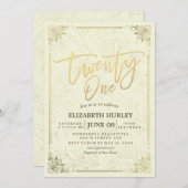 21誕生日パーティスクエレガントリプト金ゴールドフローラフレーム 招待状 (正面/裏面)