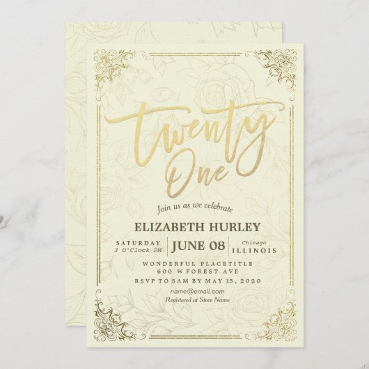 21誕生日パーティスクエレガントリプト金ゴールドフローラフレーム 招待状 (正面/裏面)
