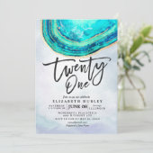 21誕生日パーティーウォーターカラーティール（緑がかった色）金ゴールドゲートGeode 招待状 (スタンド正面)