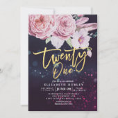 21誕生日パーティーウォーターカラーボホフラワーズフェザー 招待状 (正面)