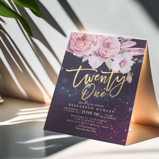 21誕生日パーティーウォーターカラーボホフラワーズフェザー 招待状