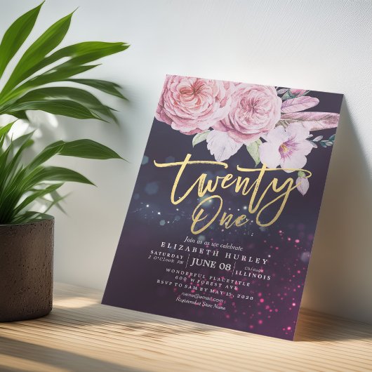 21誕生日パーティーウォーターカラーボホフラワーズフェザー 招待状