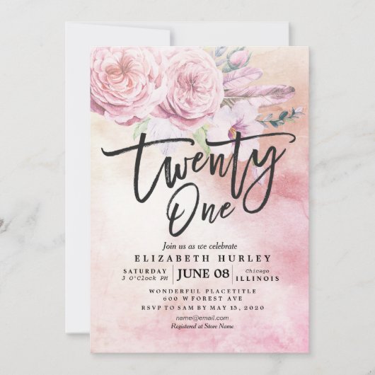 21誕生日パーティーウォーターカラーボホフラワーズフェザー 招待状 (正面)