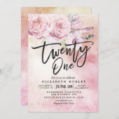 21誕生日パーティーウォーターカラーボホフラワーズフェザー 招待状 (正面/裏面)